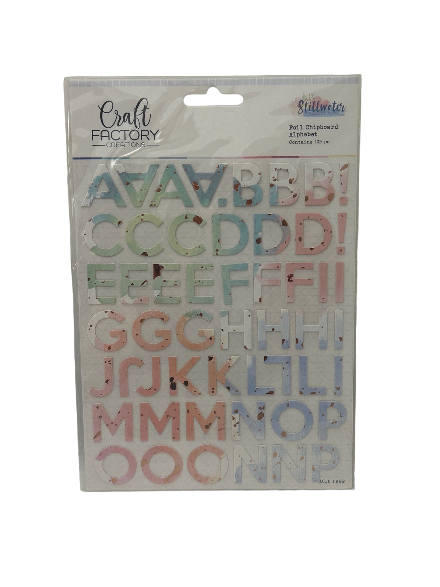 Packaged letter stickers with colorful letters on a white background