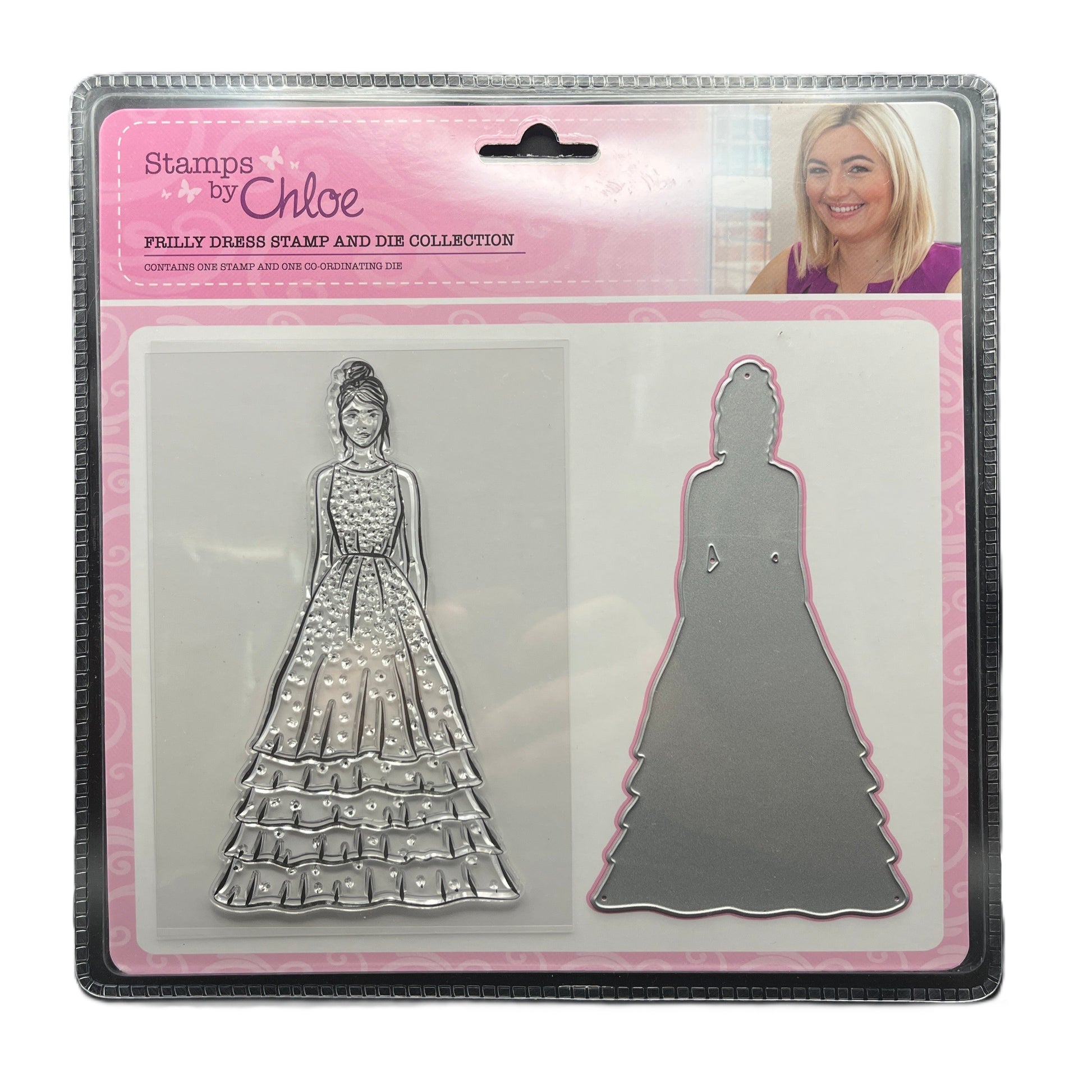 Packaged dress stamp and die set by Stamps by Chloe with a woman's face on the top right corner.