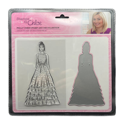 Packaged dress stamp and die set by Stamps by Chloe with a woman's face on the top right corner.