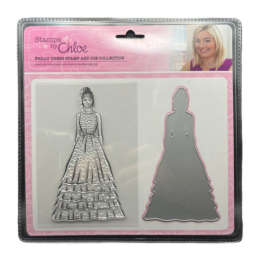 Packaged dress stamp and die set by Stamps by Chloe with a woman's face on the top right corner.