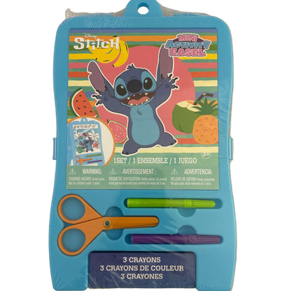 Packaged stationery set with scissors and crayons featuring a character on a blue background