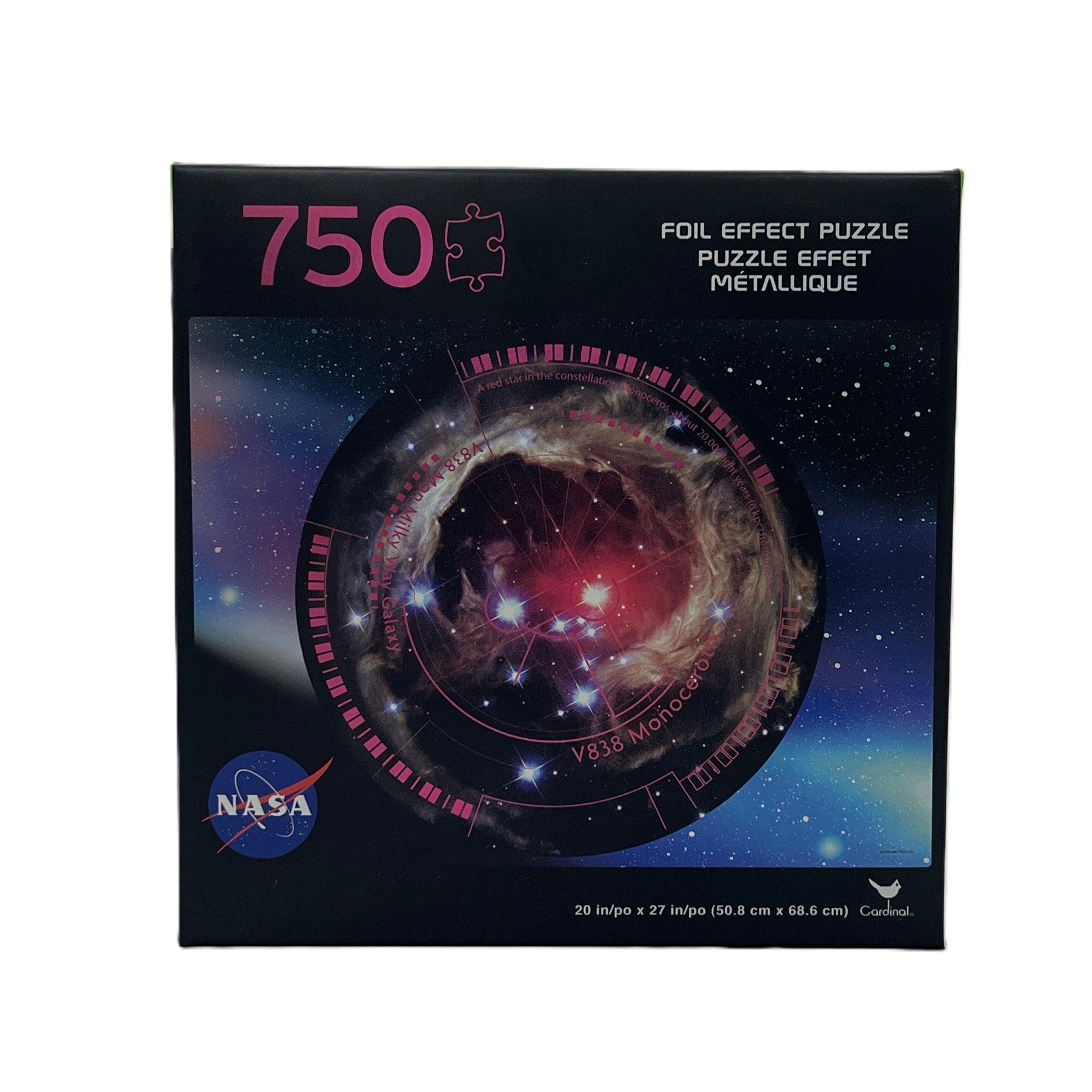 Foil effect puzzle packaging with NASA logo on a white background