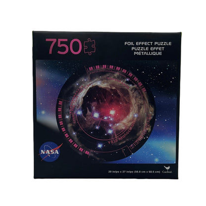 Foil effect puzzle packaging with NASA logo on a white background