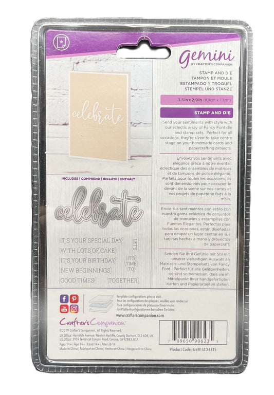 Package of Gemini stamp and die set with 'celebrate' text on a white background