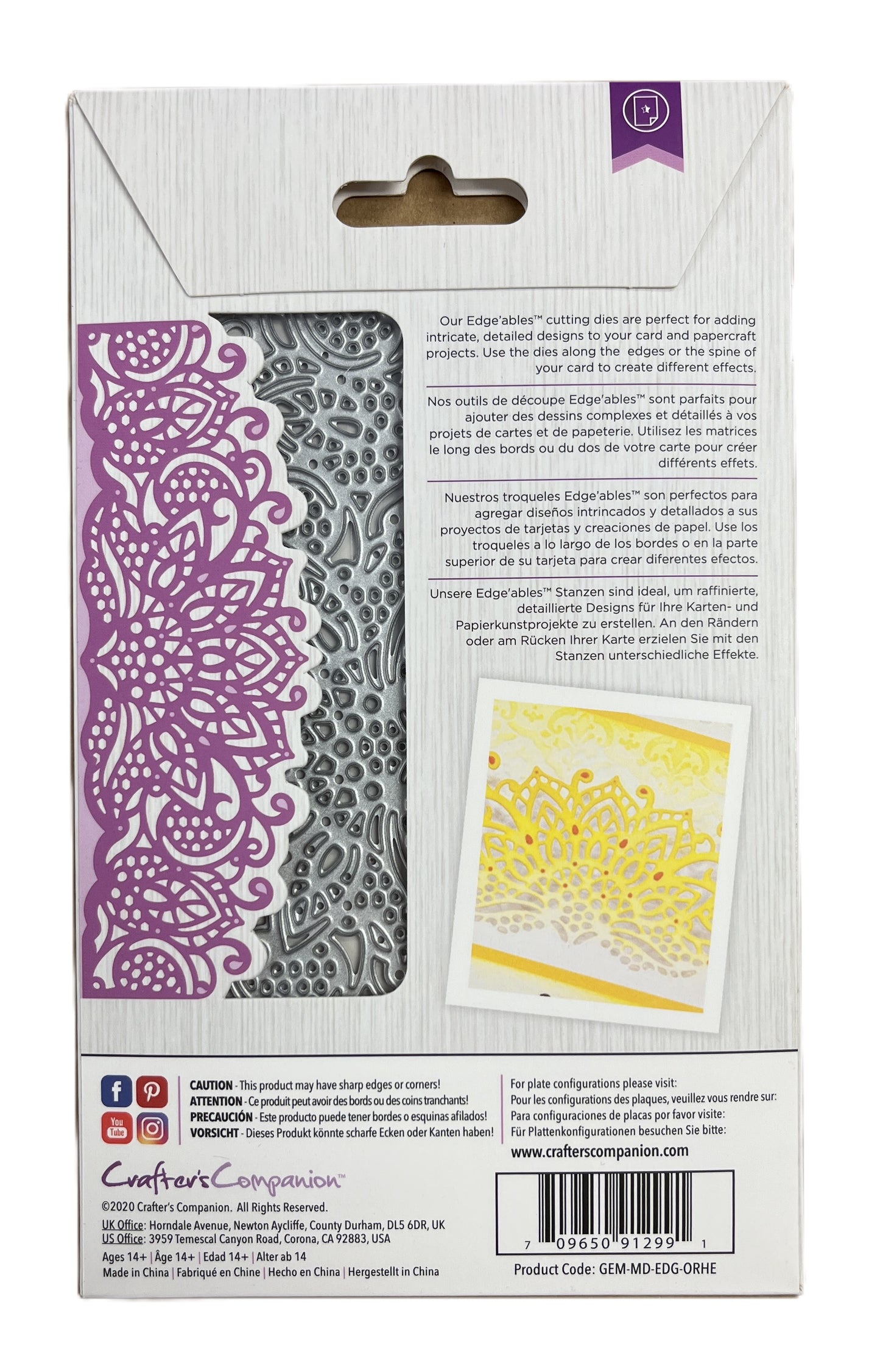 Craft die set packaging with decorative elements and brand logo.