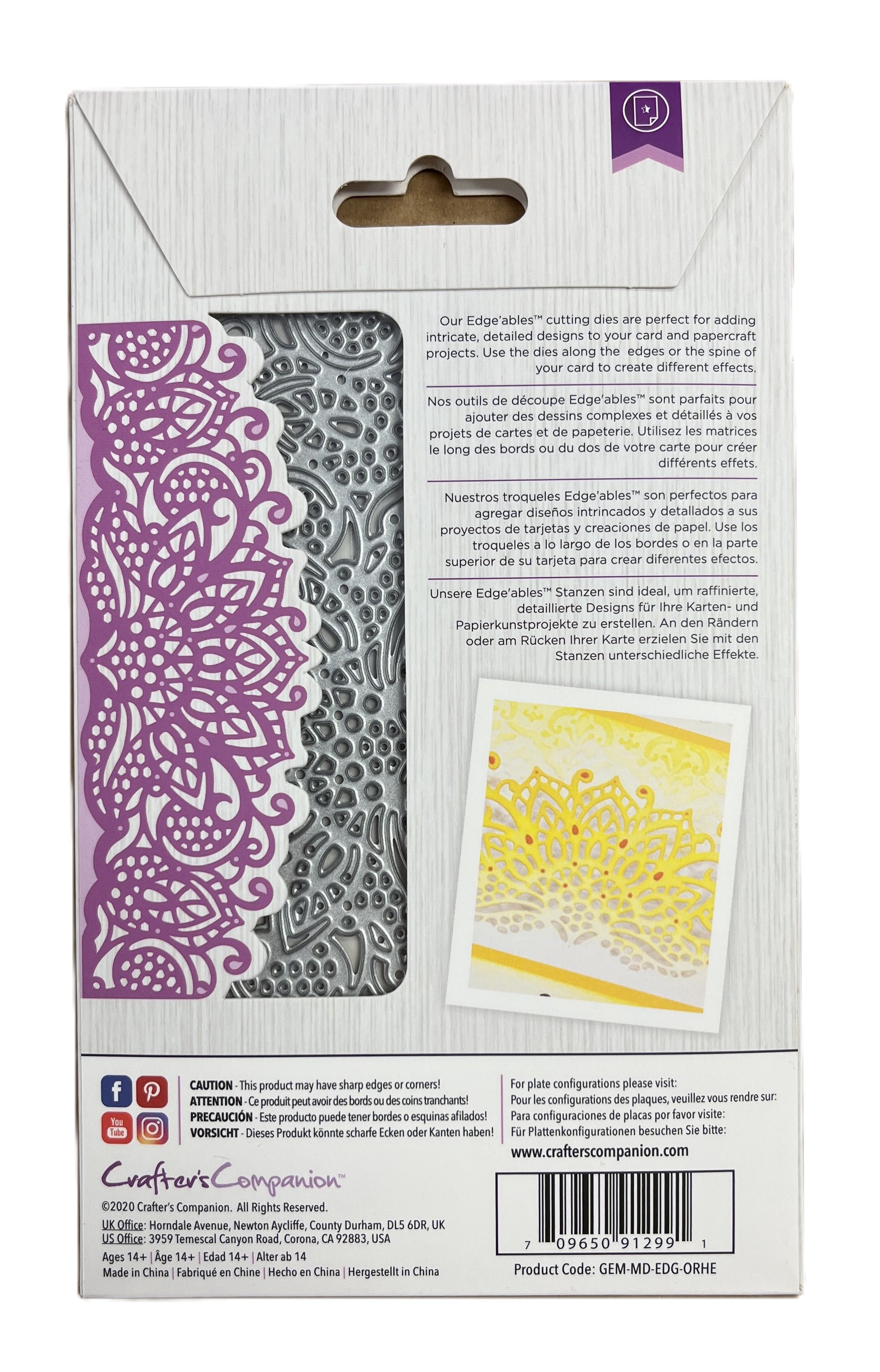 Craft die set packaging with decorative elements and brand logo.