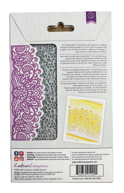 Craft die set packaging with decorative elements and brand logo.