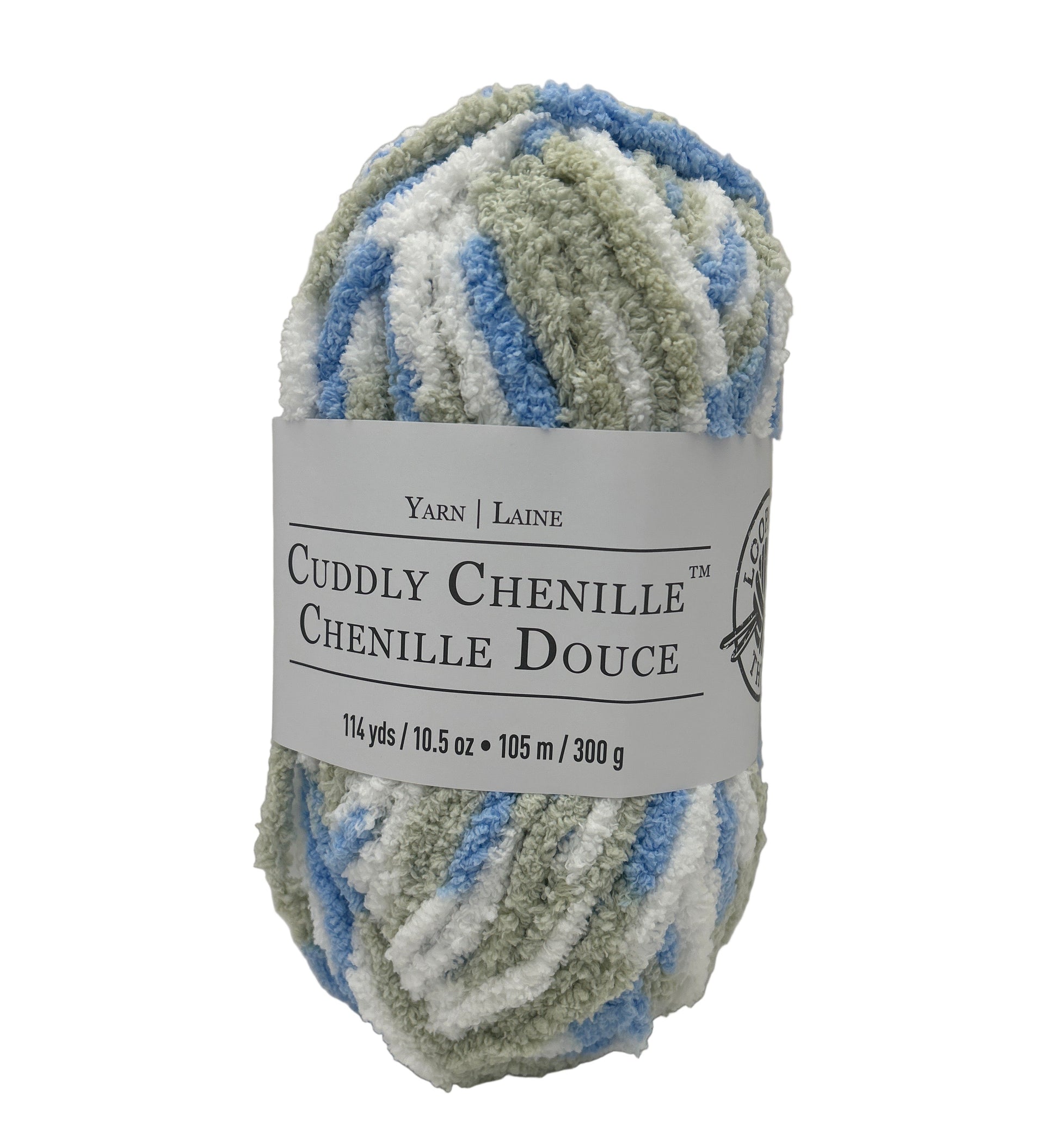 Cuddly Chenille yarn skein with label on a white background
