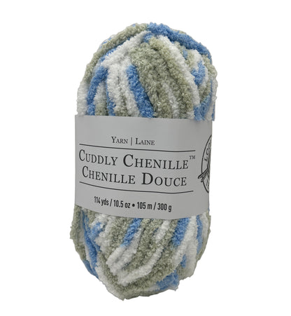 Cuddly Chenille yarn skein with label on a white background