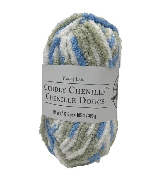 Cuddly Chenille yarn skein with label on a white background
