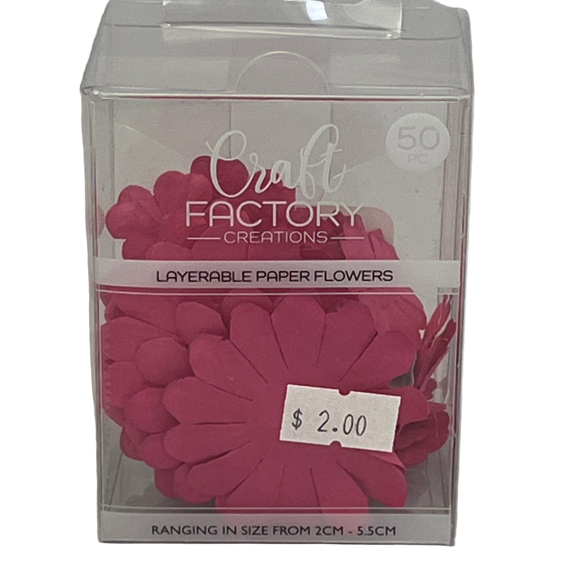 Box of Craft Factory Creations layerable paper flowers with a pink flower and price tag.