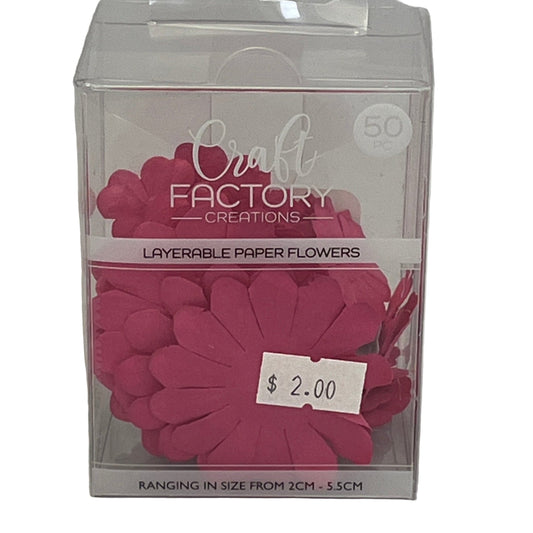 Box of Craft Factory Creations layerable paper flowers with a pink flower and price tag.