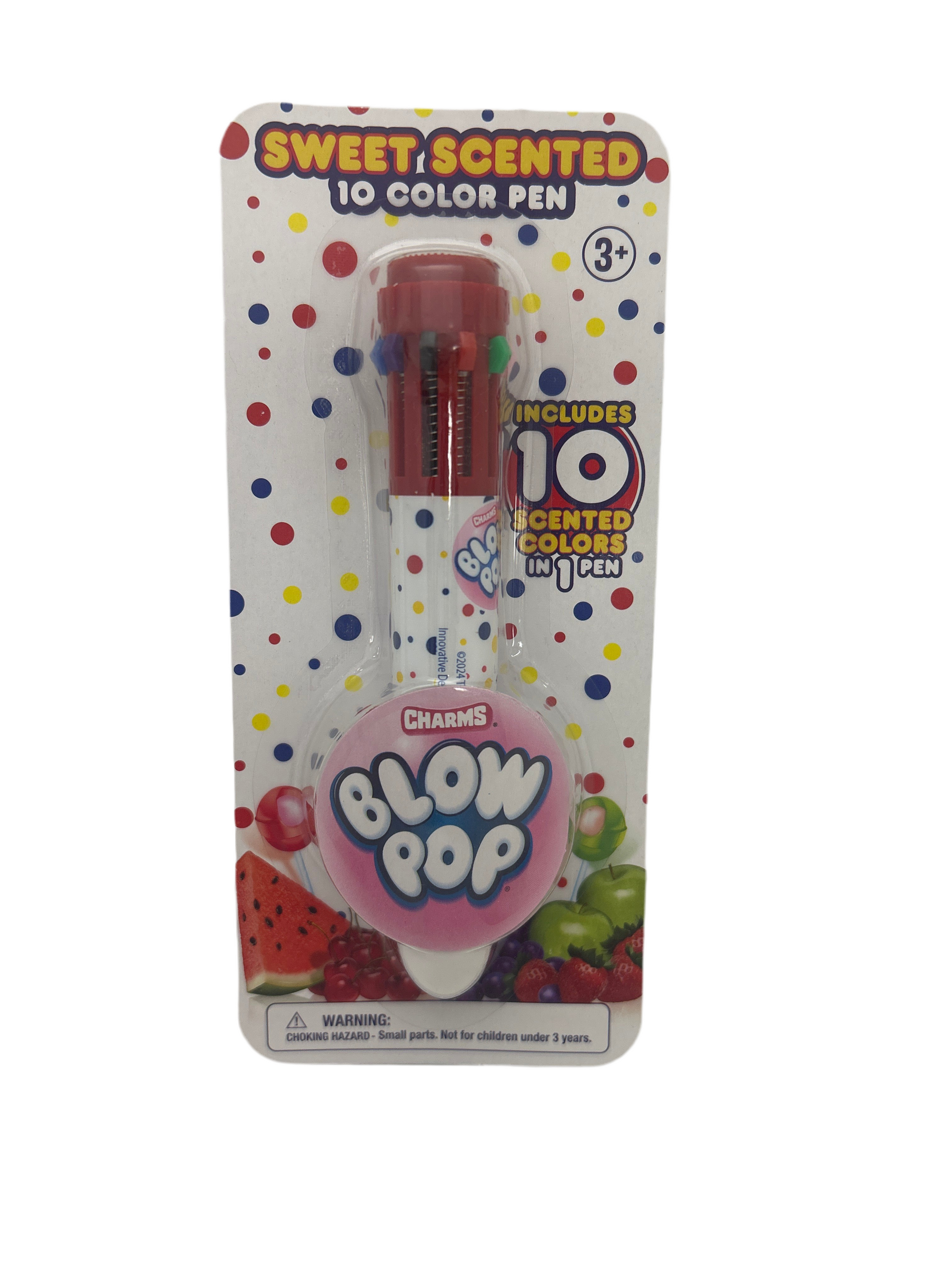 Sweet scented 10 color pen packaging with colorful polka dots on a white background