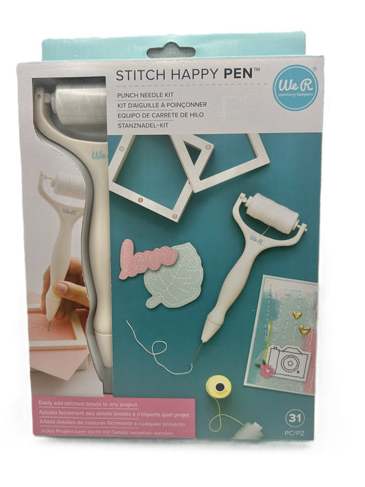 Stitch Happy Pen punch needle kit packaging with tools and samples on a teal background