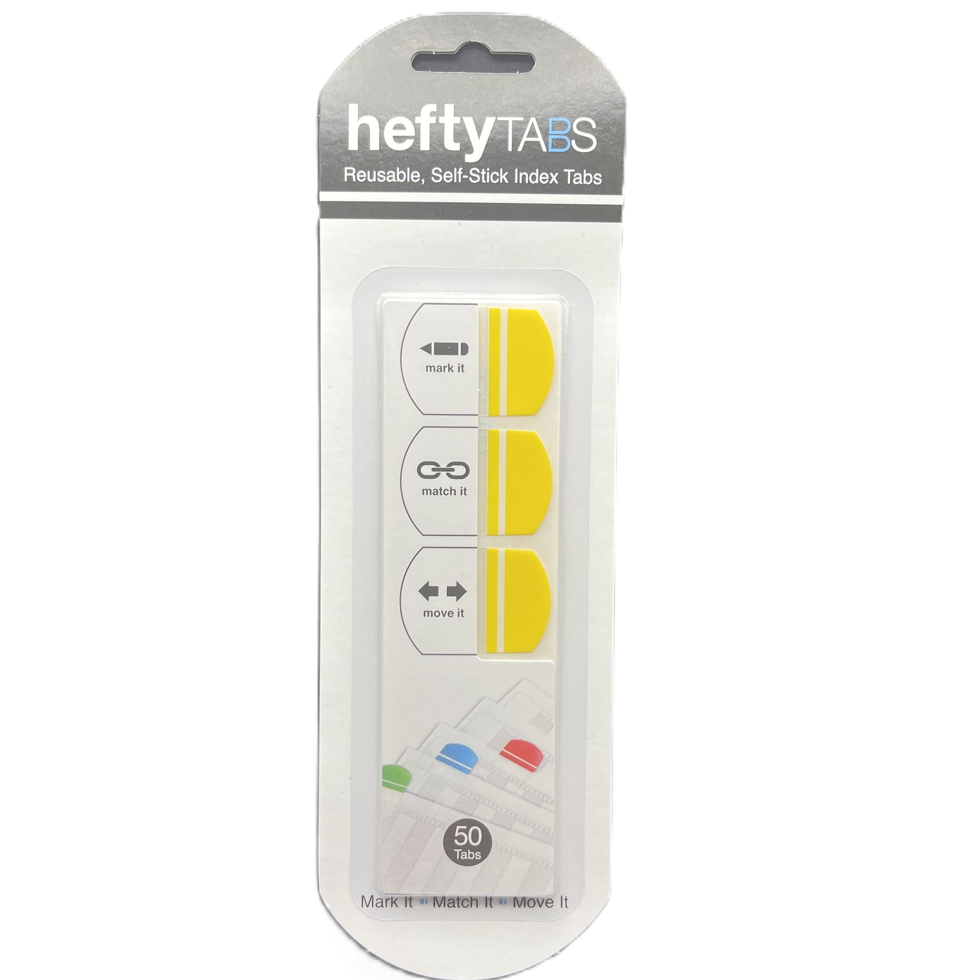 Packaging of Hefty Tabs reusable, self-stick index tabs on a white background