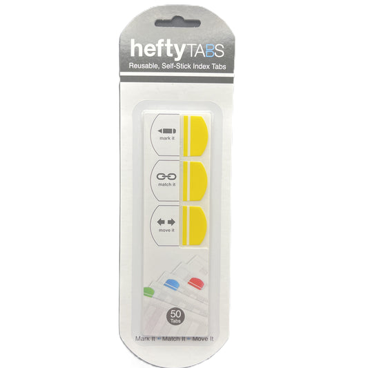 Packaging of Hefty Tabs reusable, self-stick index tabs on a white background