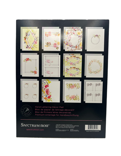 Spectrum Noir hand lettering decor pad packaging with various design samples on a white background