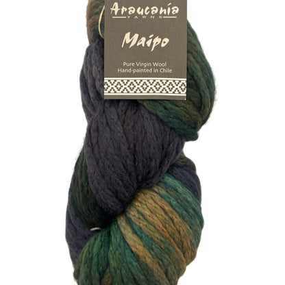 Yarn skein with a 'Araucania Maipo' label on a white background