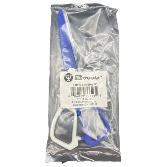 Packaged safety scissors with a visible brand label on a white background
