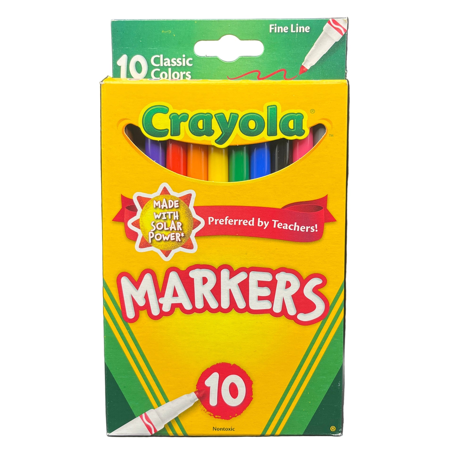 Crayola markers packaging with colorful markers inside on a white background