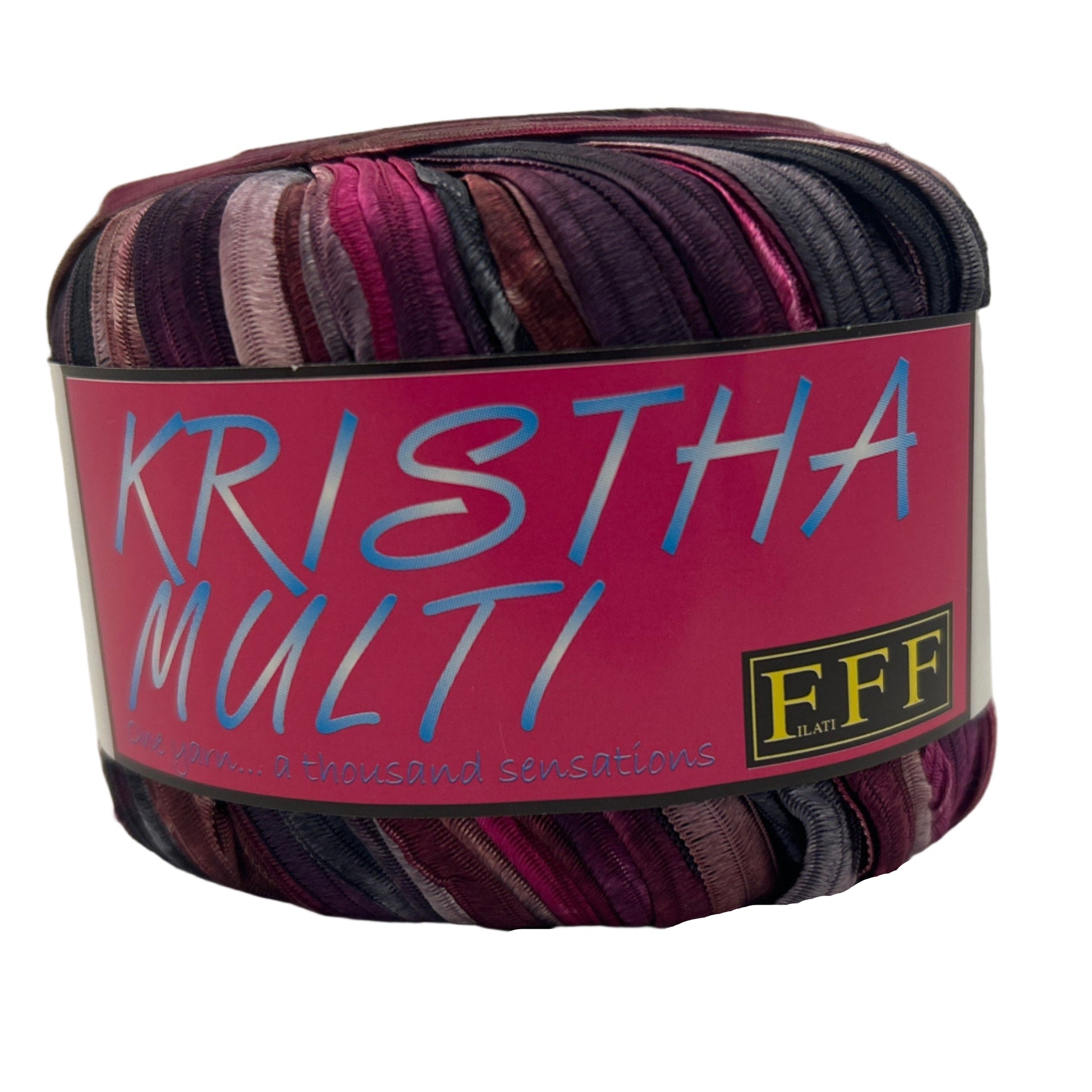 Colorful yarn ball with 'KRISTHA MULTI' and 'FFF' branding on a white background