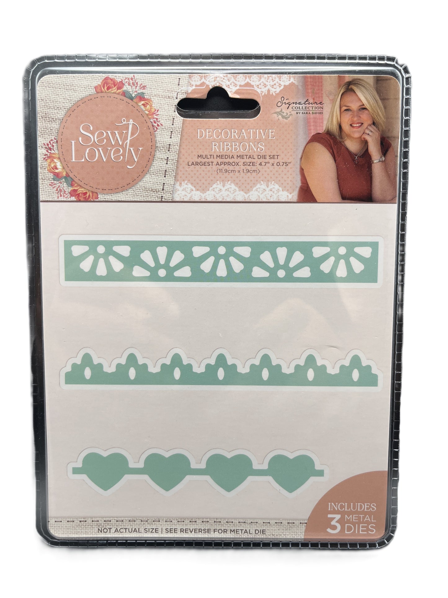 Packaging of decorative ribbons with a woman's face on the top right corner.