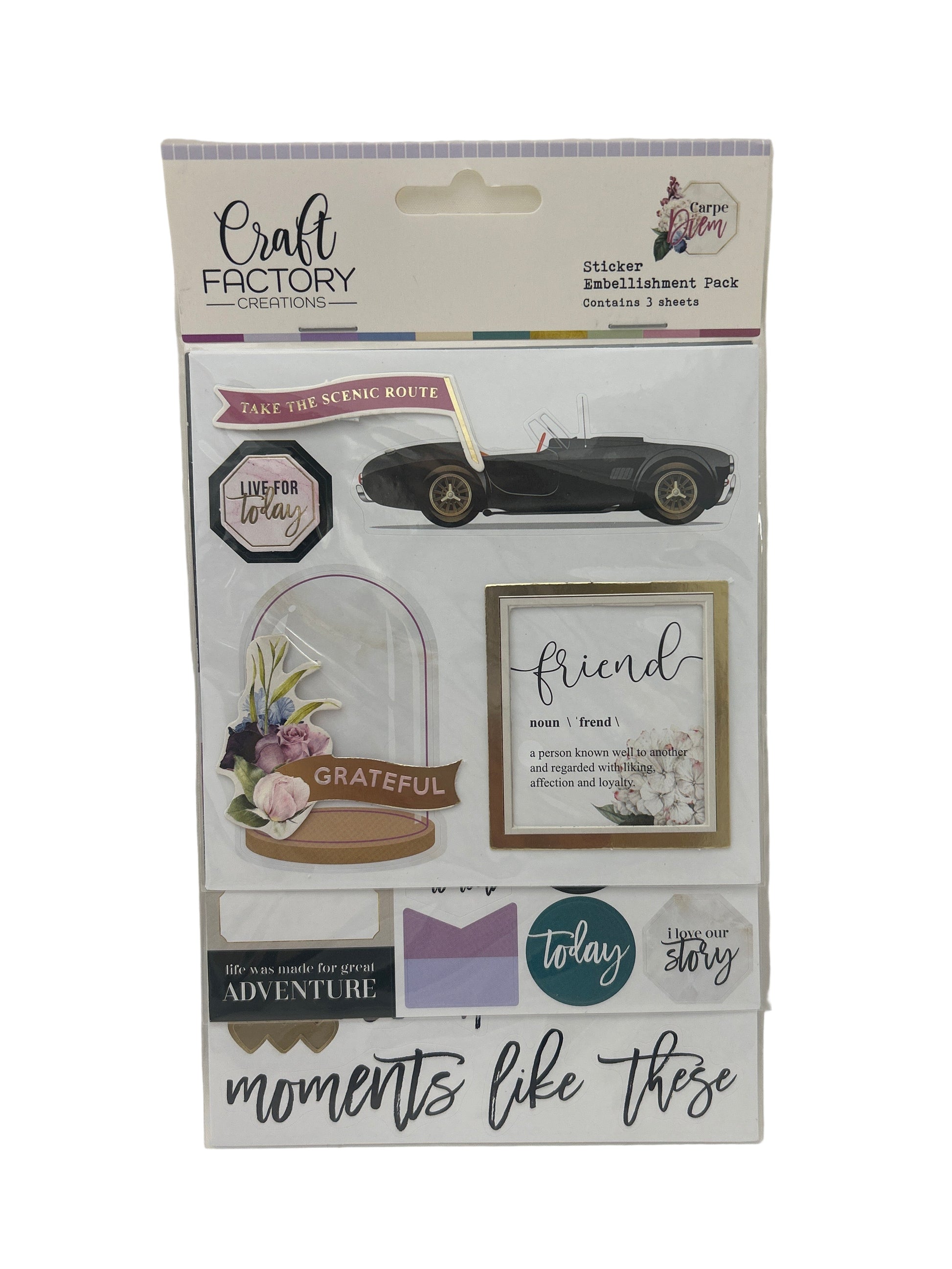 Packaging of Craft Factory Creations sticker embellishment pack with car and scenic route design on a white background.