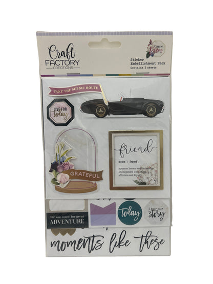Packaging of Craft Factory Creations sticker embellishment pack with car and scenic route design on a white background.
