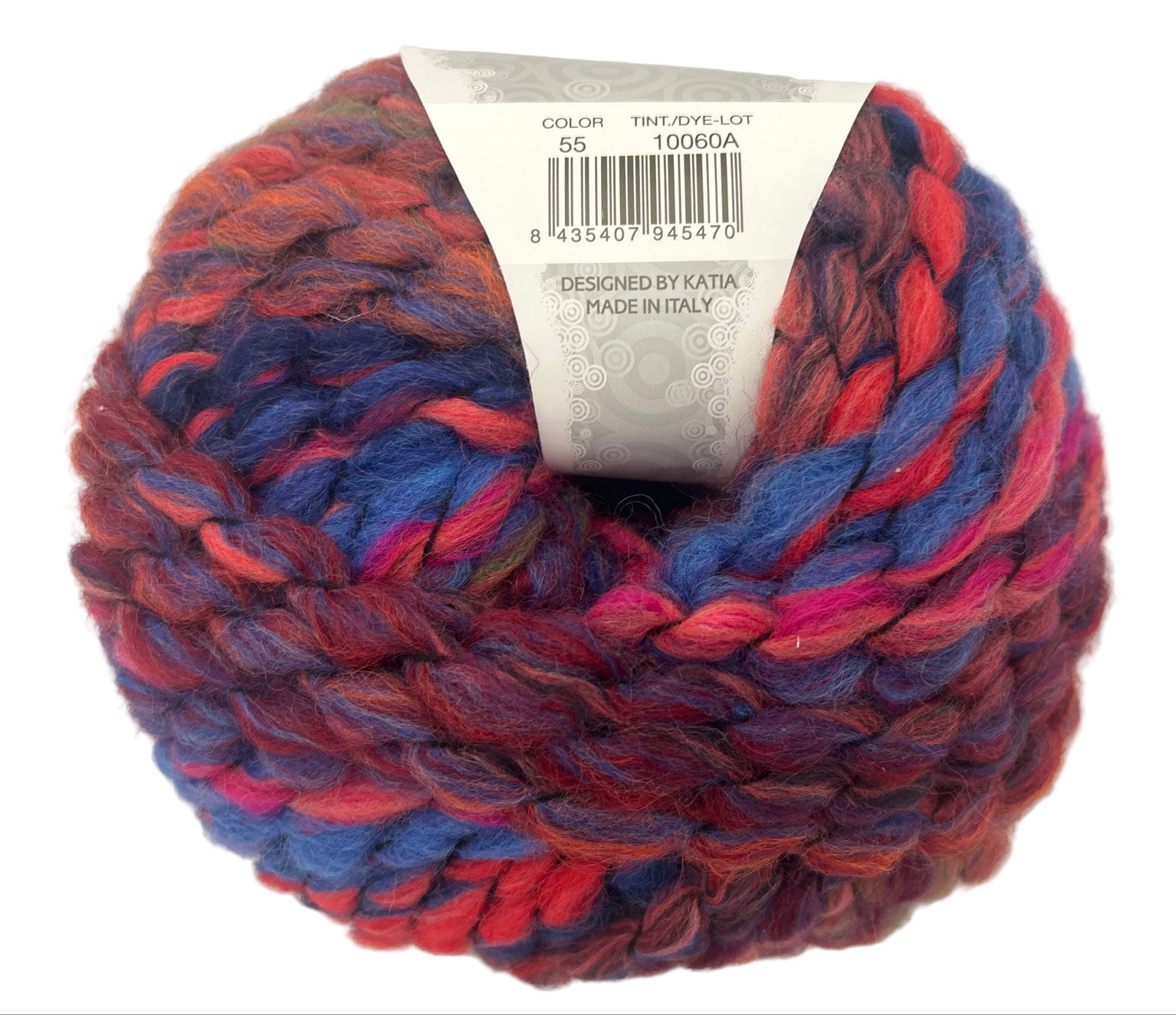 Multicolored yarn ball with a label on a white background