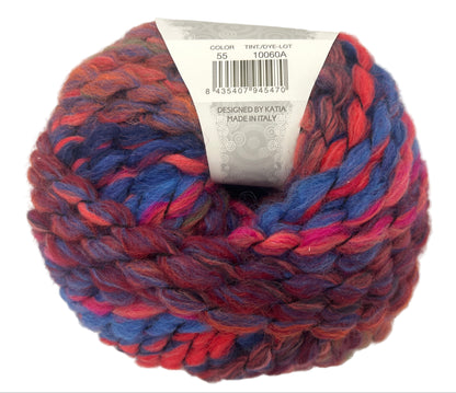 Multicolored yarn ball with a label on a white background
