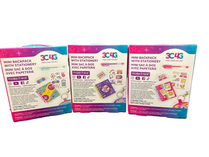 Three packages of 3C4G mini backpacks with stationery on a dark background