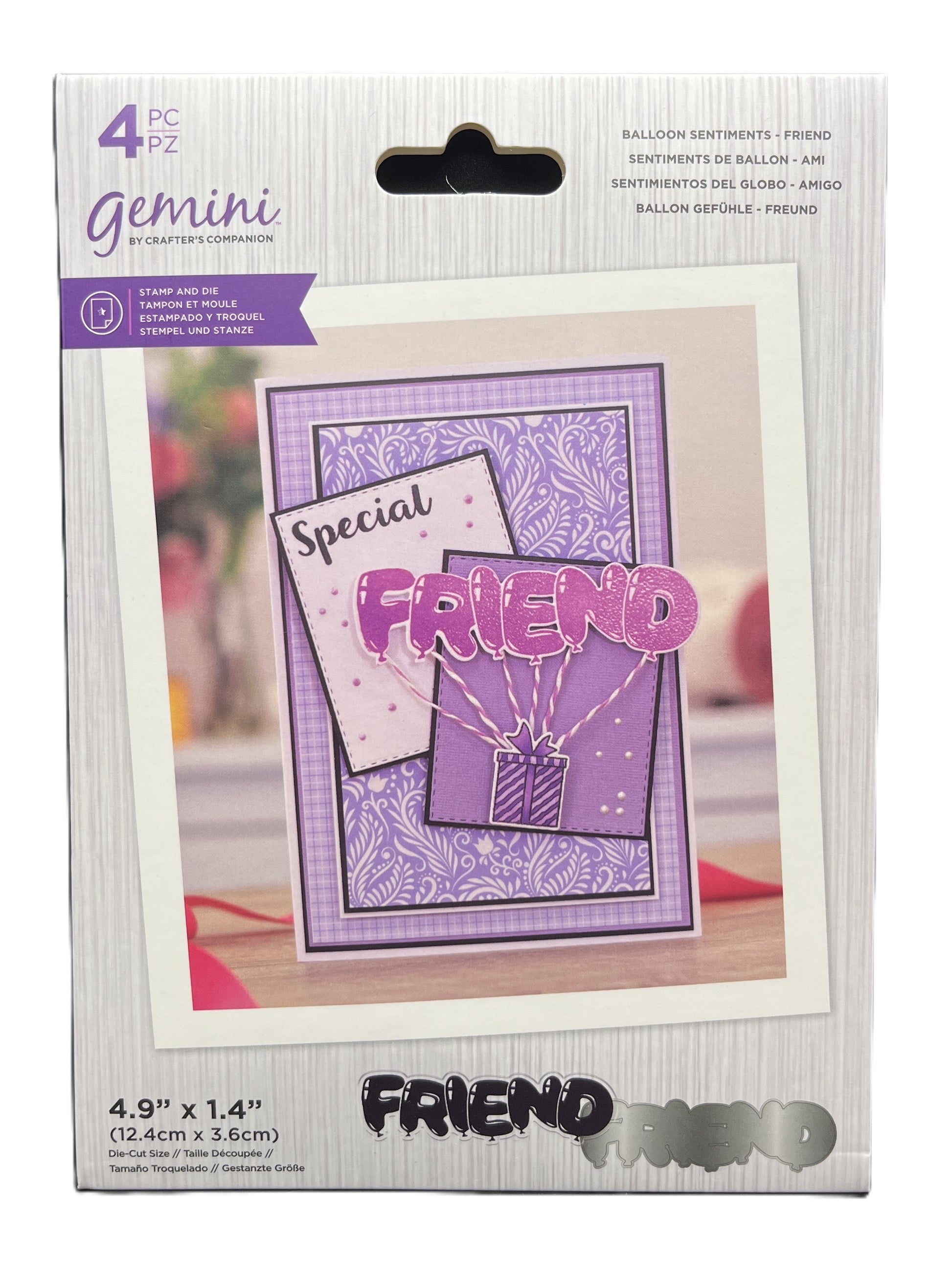 Packaging of Gemini craft stamps with 'Special Friend' design on a white background