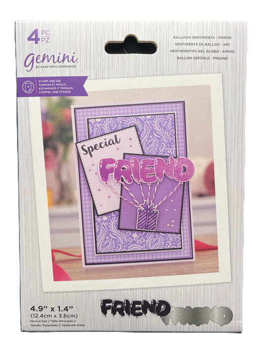 Packaging of Gemini craft stamps with 'Special Friend' design on a white background