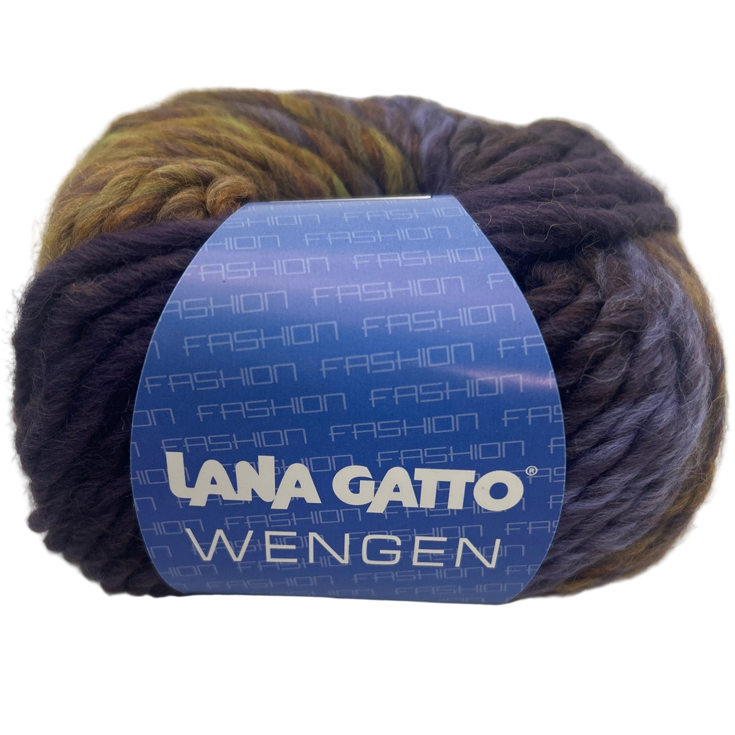 Ball of yarn with a blue label featuring 'Lana Gatto' on a white background