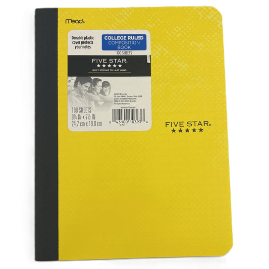 Yellow Five Star composition book with black binding on a white background