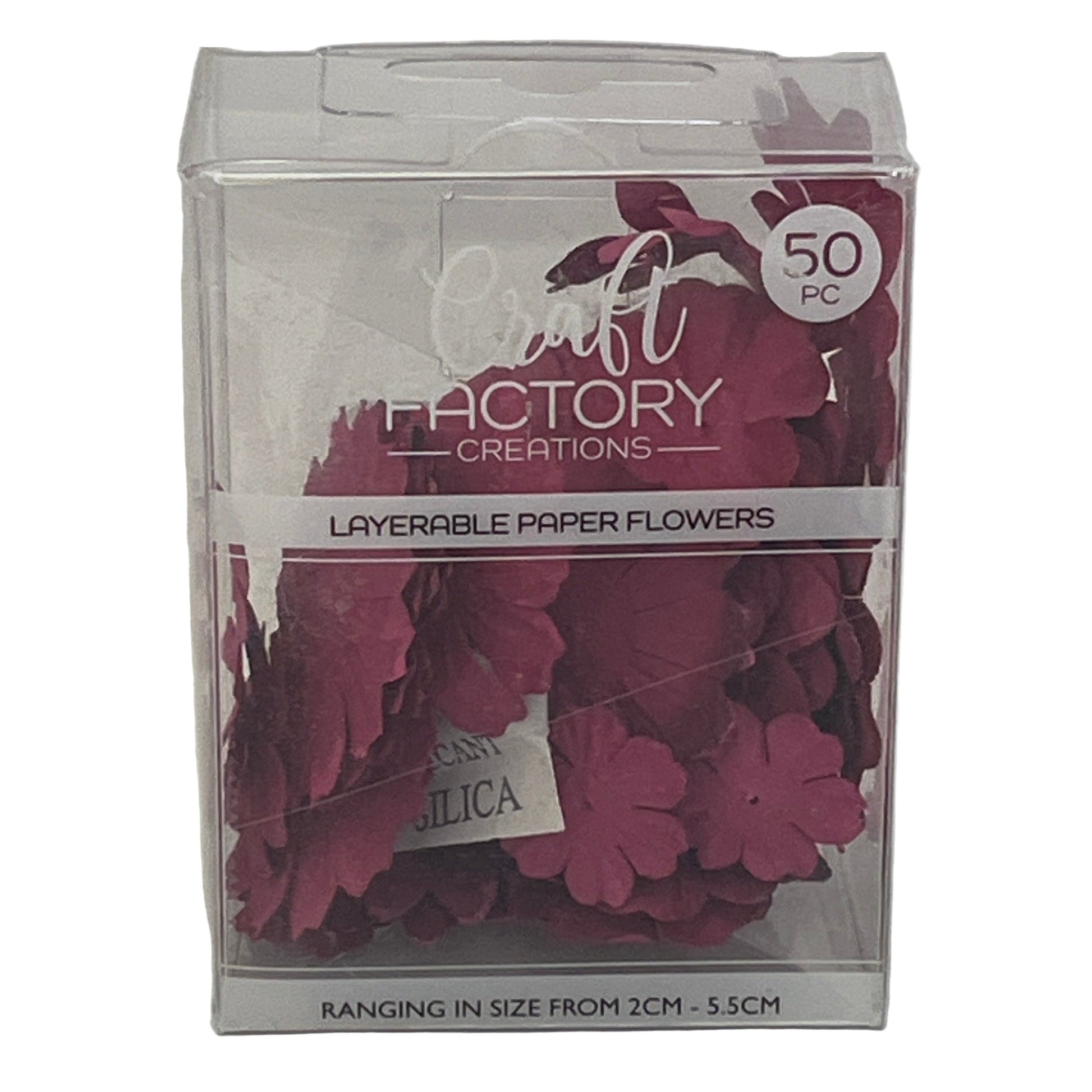 Packaged layerable paper flowers from Craft Factory Creations with pink flowers.