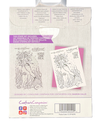 Crafters Companion stamp set packaging with stamps and a card featuring mermaid design.