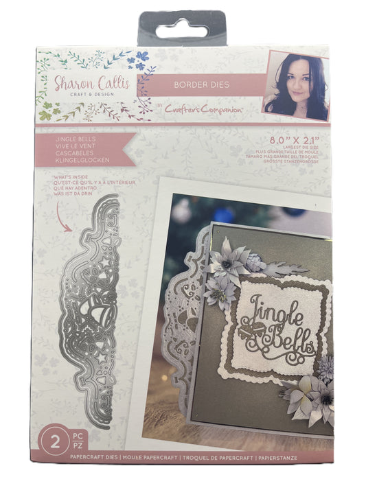 Packaging of a die-cutting tool with a decorative border design on a card.