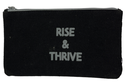 Black pencil pouch with 'THrive & Rise' text on a white background, featuring Room Essentials branding.
