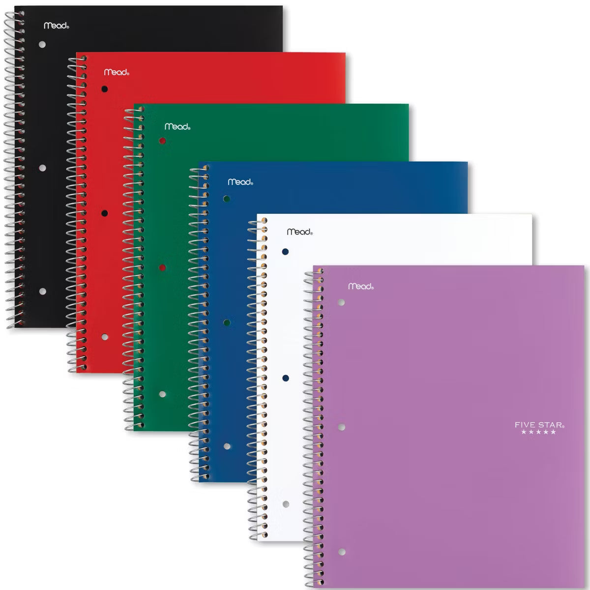 Set of Mead spiral-bound notebooks in various colors on a white background