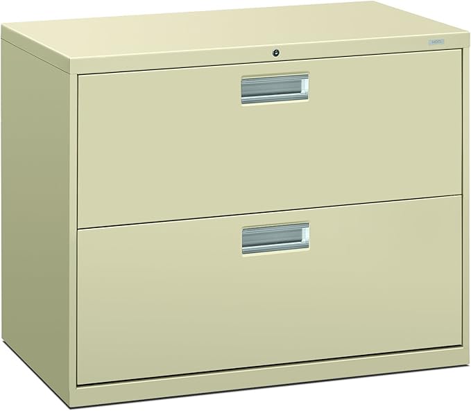 Beige two-drawer filing cabinet with metallic handles on a white background
