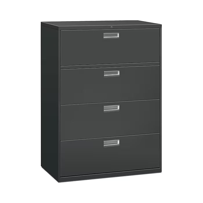 Black four-drawer filing cabinet on a white background