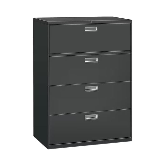 Black four-drawer filing cabinet on a white background