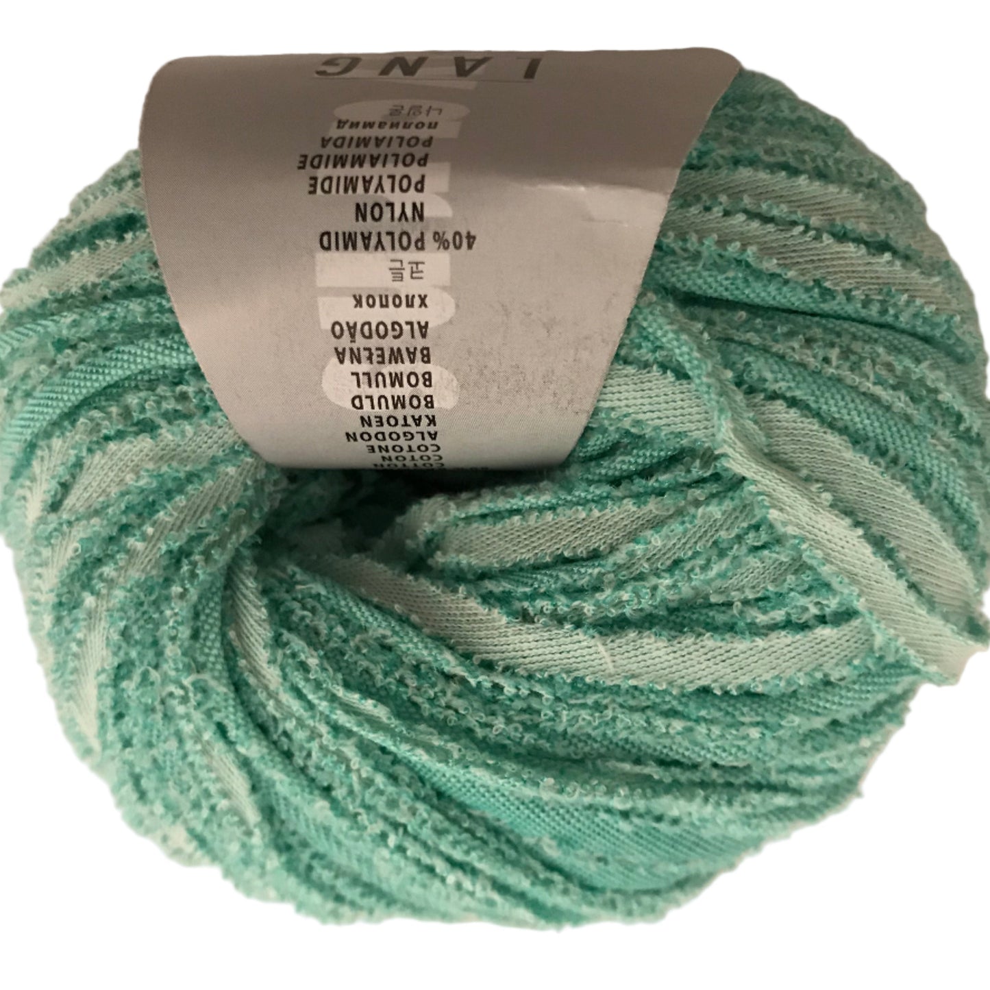 Green skein of yarn with a label on a white background