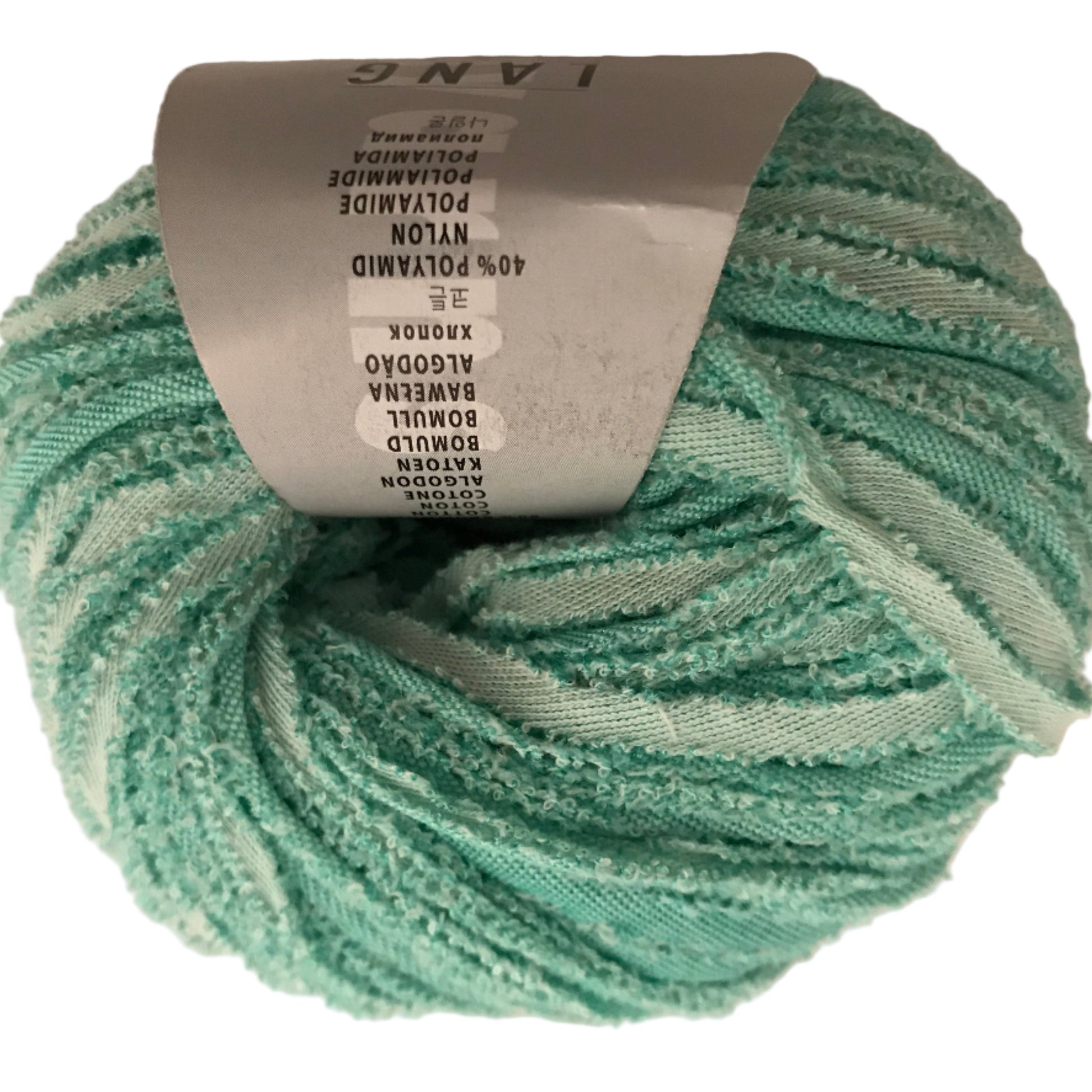Green skein of yarn with a label on a white background
