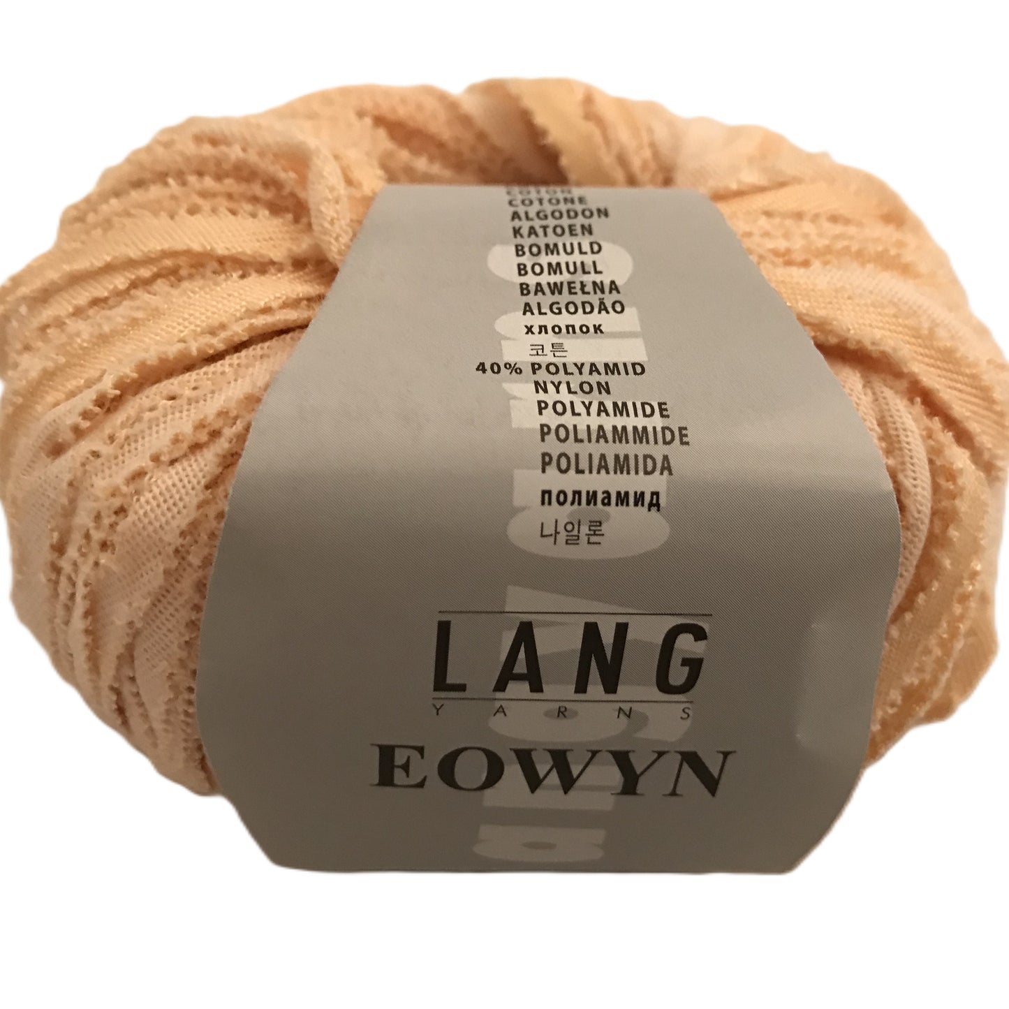 Ball of yarn with 'Lang Yarns Eowyn' label on a white background