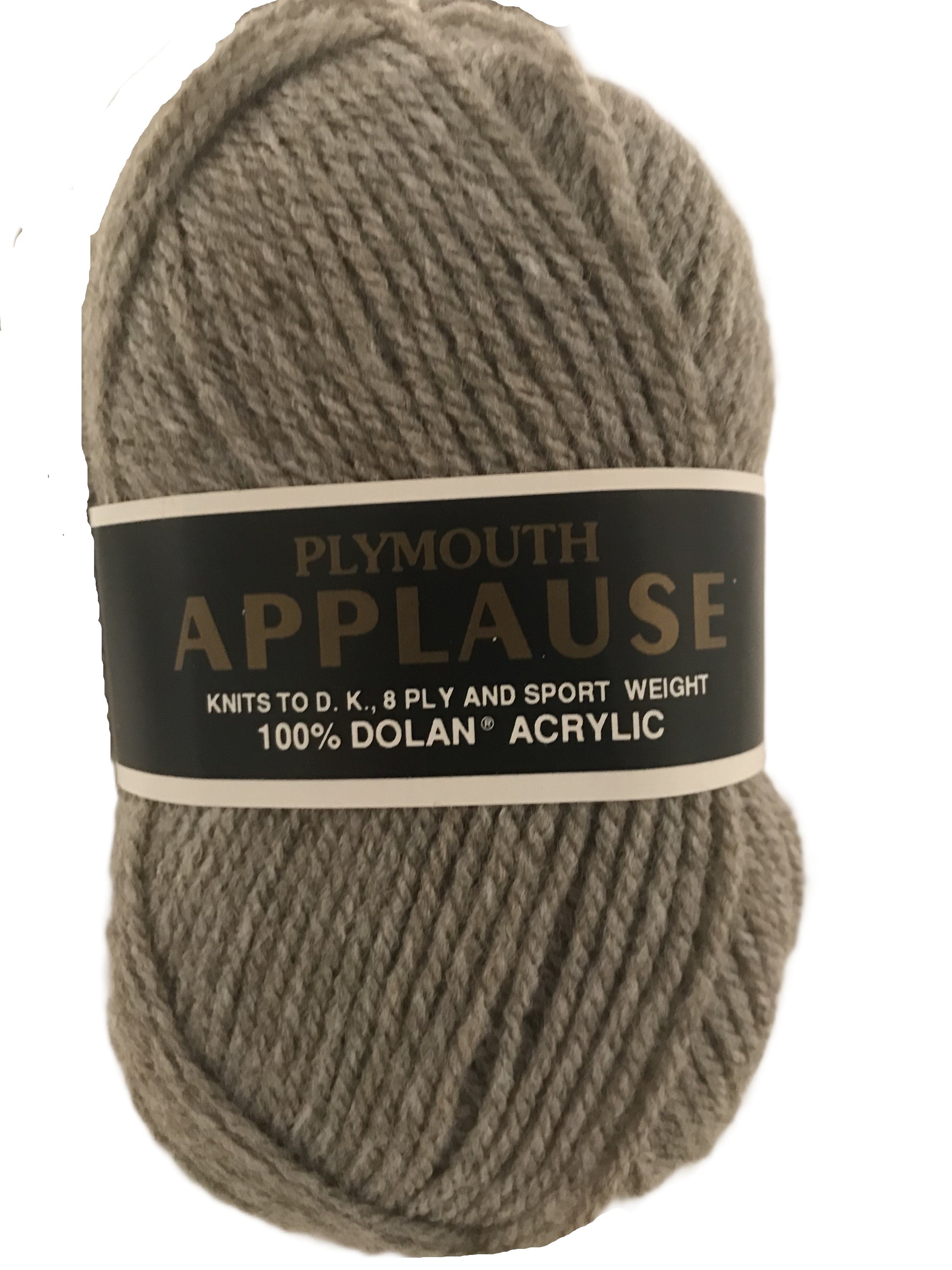 Ball of Plymouth Applause yarn with label on a white background