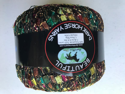 Multicolored yarn ball with a label on a white background
