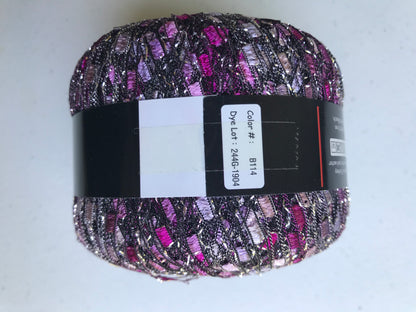 Multicolored yarn ball with a label on a white background