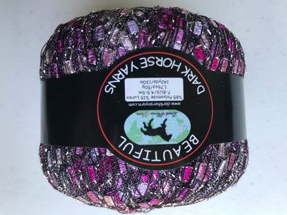 Multicolored yarn ball with 'Dark Horse Yarns' label on a white background
